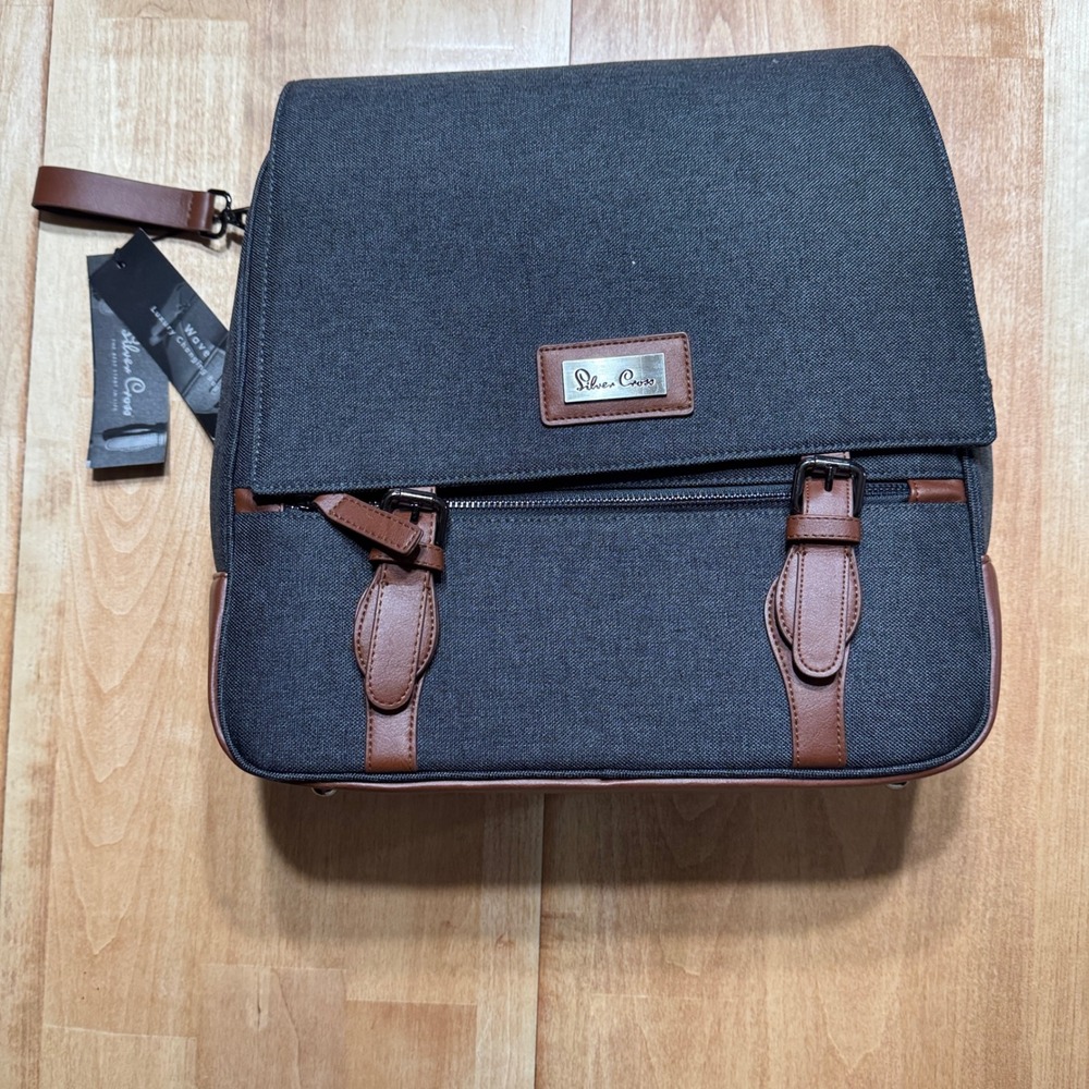 Silver Cross Wave Luxury Changing Diaper Bag Charcoal Gray Brown Trim NWT